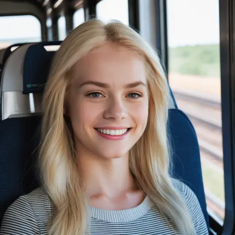 a photo of 3lsaj3an, blonde woman, on a train, smile, best quality, detailed skin <lora:elsajean_sdxl:0.9>