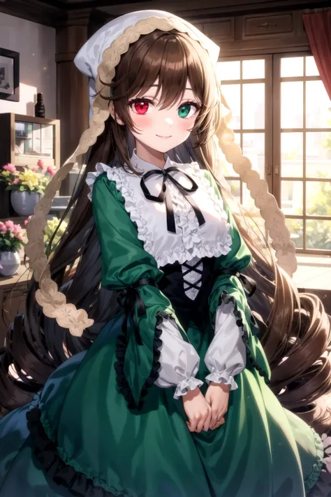 masterpiece, best quality, <lyco:Suiseiseki_loha_v1.2:1.0>, suiseiseki, heterochromia, corset, green dress, frills, ribbon, bonnet, head scarf, twin drills, smile, blush, window, indoors, cowboy shot