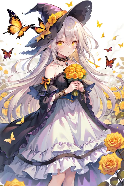 by mechari, 1girl, flower, hat, witch hat, solo, bug, long hair, braid, butterfly, black headwear, dress, rose, yellow rose, holding, white hair, yellow flower, frills, eyepatch, looking at viewer, frilled sleeves, blurry background, yellow eyes, frilled d...