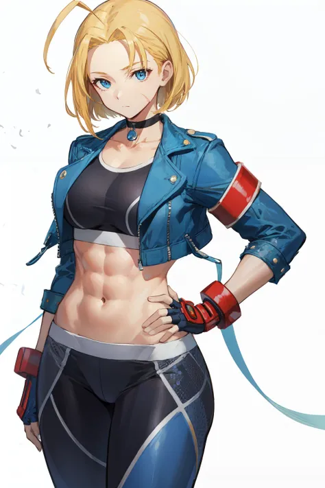 <lora:cammy_white-v2:1> cammy sf6, black sports bra, choker, 1girl, solo, open clothes, black pants, looking at viewer, navel, abs, white background, blue eyes, scar on face, red gloves, scar on cheek, muscular, antenna hair, hand on hip, black choker, ope...