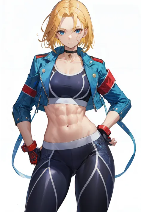 <lora:cammy_white-v2:1> cammy sf6, black sports bra, choker, 1girl, solo, open clothes, black pants, looking at viewer, navel, abs, white background, blue eyes, scar on face, red gloves, scar on cheek, muscular, antenna hair, hand on hip, black choker, ope...