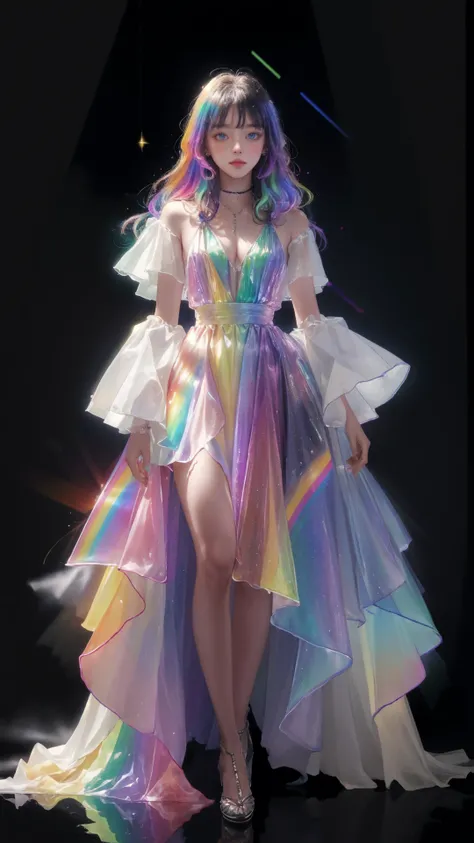 masterpiece, best quality,highres, 1girl, tall, long hair, perfect stature, white dress, fashion pose, bangs, chromatic dispersion,metallic_lustre, see_through, (tansparent_plastic:1.3), coloured glaze, Polychromatic prism effect, rainbowcore, iridescence/...