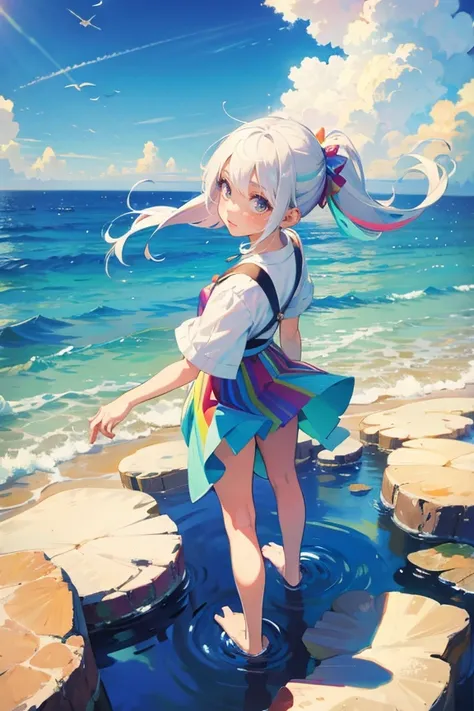 masterpiece, best quality,1girl,looking at viewer,solo,white hair,floating colorful water,(2D:1.2),(flat color:1.2),(colorful:1.4)