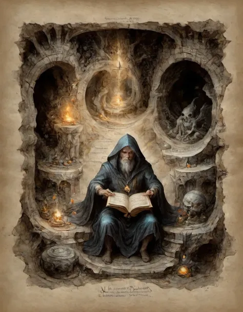 on parchment a mage in a dark cave holds his book of magic in front of a stone altar magic energies rise from the book summoning a portal