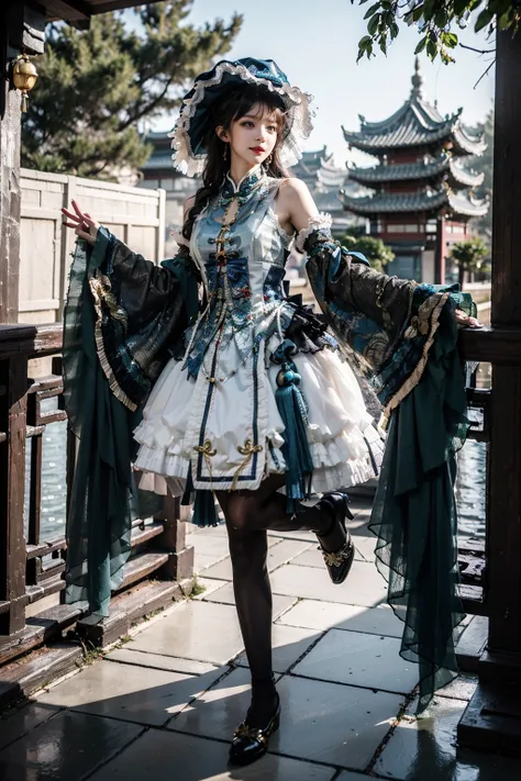 best quality, quality, masterpiece, photorealistic, 1girl, solo, full body, cns attire, layered dress, hat, detached sleeves, wide sleeves, jewelry, black pantyhose, detailed background, chinese garden, water, tress, <lora:cns_attire_style7_v1:0.65>