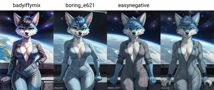 furry female, medium breasts, upper body, smile, looking at viewer, canid, green eyes, (blue fur, blue body), short hair, space, (gray jumpsuit), by zackary911