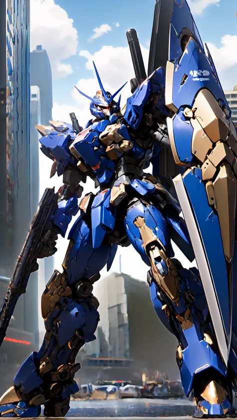 sky, cloud, holding_weapon, a (((mecha))) with sleek and menacing design, glowing ,heroic parts, mechanical parts, robot joints,(huge shield:1.2),best quality, masterpiece, highly detailed, ultra-detailed,(battle-ready:1.2),(powerful stance:1.3),(Detailed ...