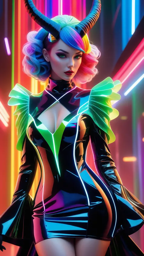 frilly hairstyle, latex dress, torso, body, 8k, ultra-detailed, highres, rainbow skin, shattered glass effect, (best quality, masterpiece:1.2), (deformad neon light:1.3), soft particles of fractal fire, volumetric lighting, (masterpiece, best quality), 1gi...