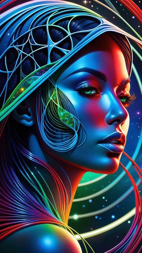 cartoon style, masterpiece, best quality, ultra high res, extremely detailed, (psychedelic art:1.4), woman, veil, visually stunning, beautiful, award-winning illustration, cosmic space background, ethereal atmosphere, ultra quality, beautiful girl, cosmica...