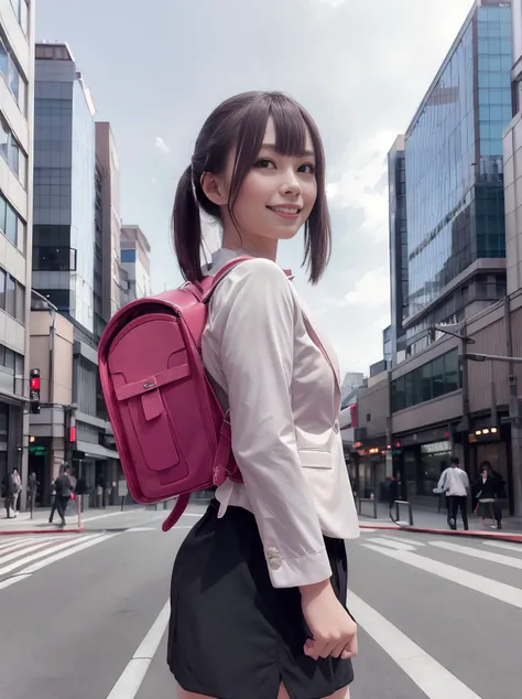 RAW photo, portrait, best quality, high res
a women with light smile is carrying randoseru backpack and wearing business jacket suits and business skirt in Marunouchi Tokyo district with a lot of sky high commercial buildings, view from side
<lora:randoser...
