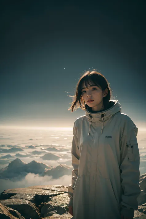 a beautiful girl covered in crumpled paper with the text "MX",outer space,dry rocks environment,interstellar,Surrealism,Dreamy dim daylight. Minimalism,emptiness,spaciousness,Faint accent lights,film grain,horror photography,misty and foggy atmosphere,