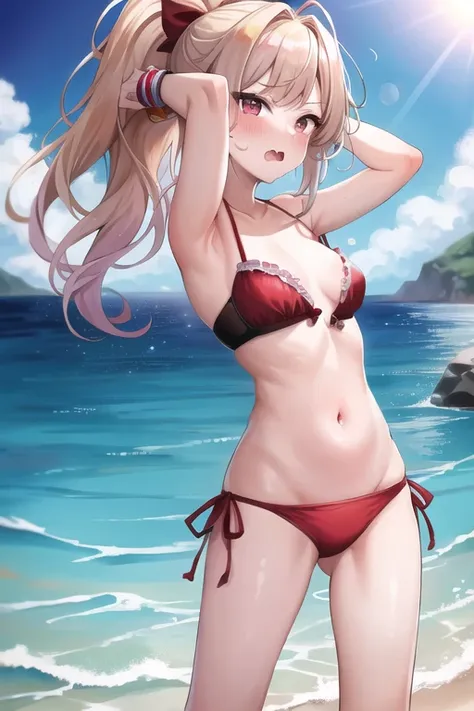 masterpiece, best quality, absurdres, 1girl, medium small breasts, blonde hair, ponytail, red eyes, <lora:open_bra_fronthook:1>, red bikini, side-tie bikini bottom, fisheye, outdoors, ocean, sunny, clouds, splashing, crossed arms, from side, looking at vie...