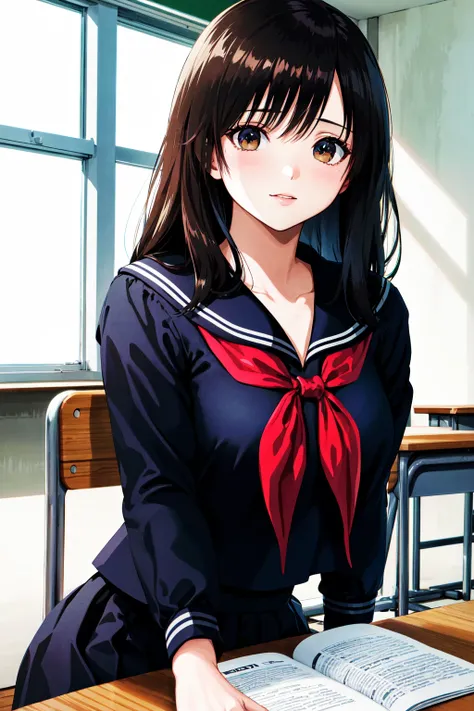 masterpiece, best quality, highres, ichigoaya, solo, school uniform, serafuku, black sailor collar, red neckerchief, black shirt, black skirt, <lora:toujou_aya_v1:0.7>, classroom, sitting, desk, book, chair, upper body,