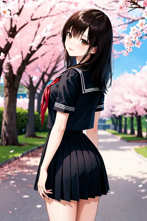 masterpiece, best quality, highres, ichigoaya, solo, school uniform, serafuku, black sailor collar, red neckerchief, black shirt, black skirt, <lora:toujou_aya_v1:0.7>, cherry blossoms, outdoors, standing, from behind, looking at viewer,