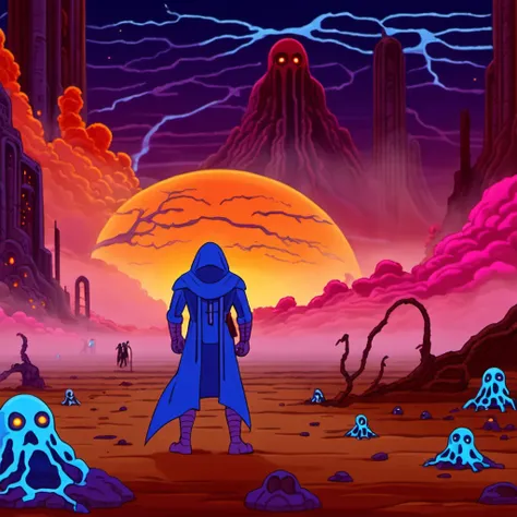 cartooneffects two, a man in a hooded jacket standing in a desert with a sharp neon sky filled with the souls of the dead, fog, neon spirits, realistic ghosts