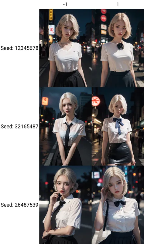 1girl,(8k, RAW photo, best quality, masterpiece:1.3),(realistic,photo-realistic:1.37),(night),(looking at viewer:1.331),(white hair),posing,Tokyo street,nightcityscape, , cyberpunk city,soft light,1girl,extremely beautiful face,bust,put down hands,Random h...