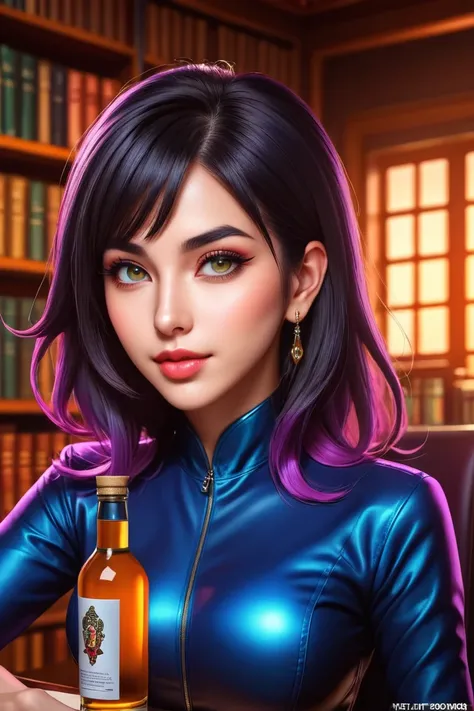 Pop Art style <lora:FFai.0038.Realitycheckxl_Alpha11.lora:1> ((best quality)), ((masterpiece)), (detailed) Female, [Worgen in a bottle], on a desk, highly detailed skin, looking at the viewer, fantasy art, stunning gradient colors, background of a library,...
