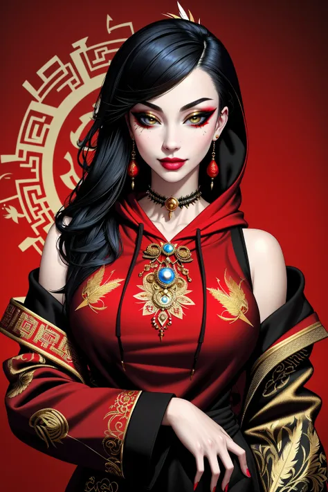 ((Masterpiece, best quality,edgQuality)),smirk,smug,
((hoodie)),edgTM,wearing edgTM_style fashion, eccentric clothing,
a woman in a red chinese dress with golden embroidery,pearl necklace,(feathers:1.1)
<lora:edgMuglerHoodies:1>