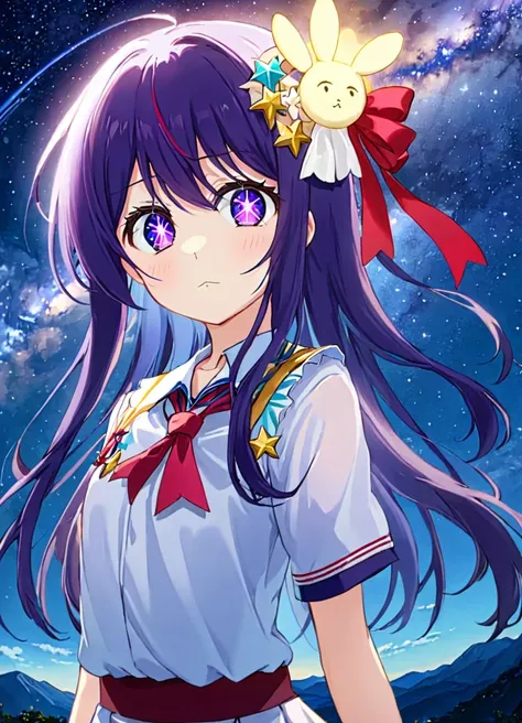 breathtaking, 1girl,purple eyes,aihoshino, ,hair ornament, red ribbon,
standing,white school uniform, night sky,milky way,
gorgeous,key visual, vibrant, studio anime,award-winning, professional, highly detailed,high budget, cinemascope <lora:hoshinoai_v10:...