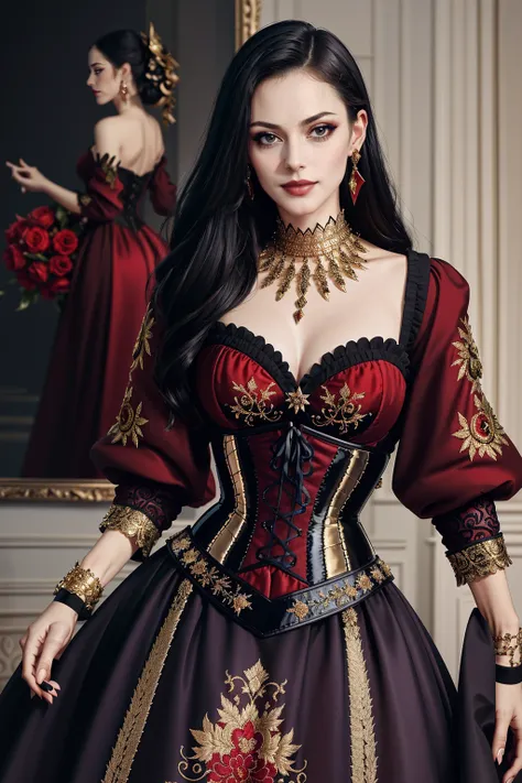 ((Masterpiece, best quality,edgQuality)),smirk,smug,
Haute_Couture, red corset,golden embroidery, woman wearing a Haute_Couture dress,
edgTM, wearing edgTM_style fashion, eccentric clothing
<lora:edgLycorisMugler:0.75>
