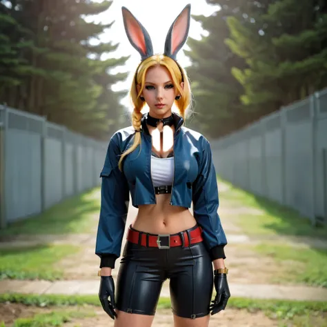 comic <lora:FFai.0036.Physiogenxl_V04.lora:1> cyber bunny solo, looking at viewer, long sleeves, 1girl, holding, animal ears, jewelry, closed mouth, standing, latex jacket, upper body, weapon, female focus, outdoors, open clothes, solo focus, belt, necklac...