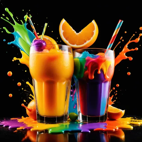 Papercut collage of (Trustworthy Professional 3D rendering:1.3) of (Ultra detailed:1.3),(Hopeless:1.3) a brightly colored liquid splashing on a black surface, paint splash, splashes of color, splashes of colors, color dispersion, paint splashes, color expl...