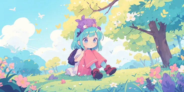 (colour:1.5),girl,
Blue,yellow,green,cyan,purple,red,pink,
A girl with flowers on her head was sitting on the grass. There were white flowers all around the girl. The girl was looking out into the distance.,