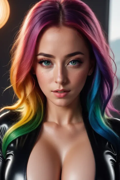 HDR photo of (Cel shaded:1.3) <lora:FFai.0021.Dreamshaperxl10_Alpha2xl10.lora:1> photo of beautiful woman, rainbow hair, freckles, sexy, beautiful, naked, perfect breasts in latex, big boobs, nipples, dslr, 8k, 4k, ultrarealistic, realistic, natural skin, ...