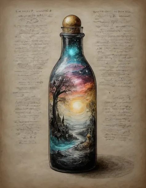 black and color pencil on parchment Dappled Light the universe in a large bottle Dreamlike Surreal landscapes Mystical creatures inside glow effects bottled god rays dark atmospheric sensual Vivid colors within cinematic light side lighting