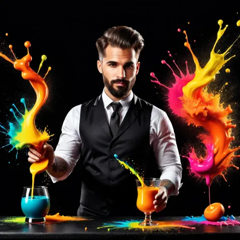 line art drawing (Trustworthy Professional 3D rendering:1.3) of (Ultra detailed:1.3),(Hopeless:1.3) a brightly colored liquid splashing on a black surface, paint splash, splashes of color, splashes of colors, color dispersion, paint splashes, color explosi...