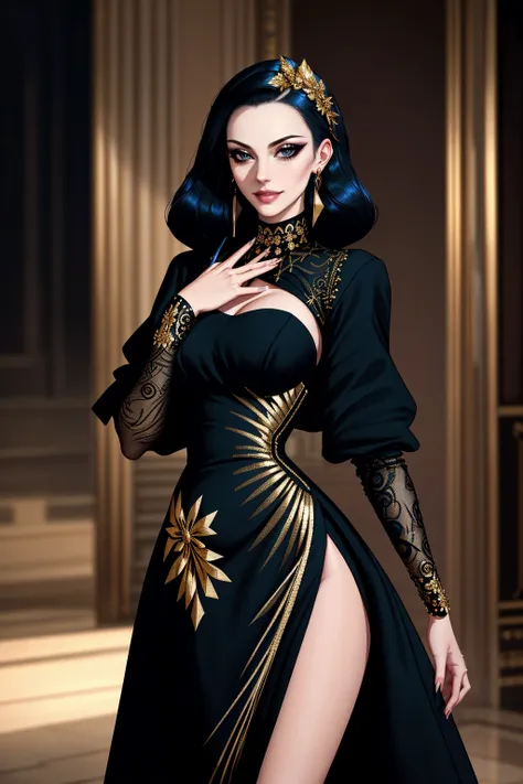 ((Masterpiece, best quality,edgQuality)),smirk,smug,
Haute_Couture, black dress,golden embroidery, woman wearing a Haute_Couture dress,
edgTM, wearing edgTM_style fashion, eccentric clothing
<lora:edgLycorisMugler:0.75>