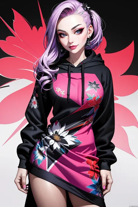((Masterpiece, best quality,edgQuality)),smirk,smug,
((hoodie)),edgTM, a woman in a floral dress,wearing edgTM_style fashion, eccentric clothing,
<lora:edgMuglerHoodies:1>