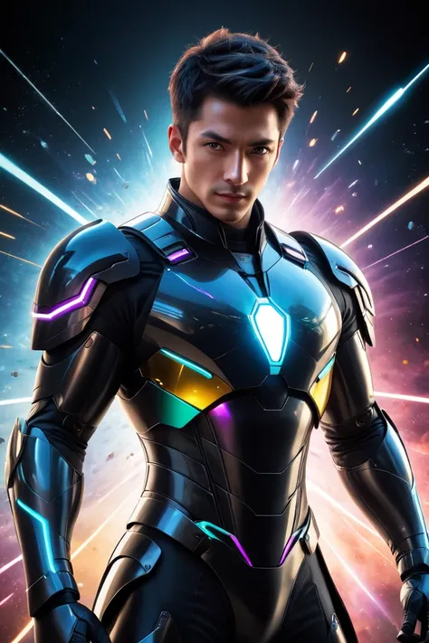 Dreamscape <lora:FFai.0044.Sdvn7realartxl_Beta2.lora:1> (Ultrarealistic:2, a wide angle full body of a futuristic looking man in a scifi cinematic movie cover with armor suit with glowing eyes and a glowing chest and chest, with a black background of dark ...