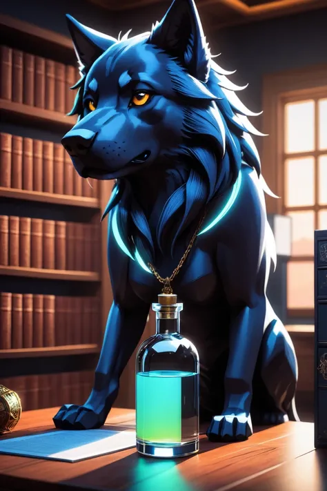 Minecraft style <lora:FFai.0008.Animeartdiffusionxl_Alpha3.lora:1> ((best quality)), ((masterpiece)), (detailed) Female, [Worgen in a bottle], on a desk, highly detailed skin, looking at the viewer, fantasy art, stunning gradient colors, background of a li...