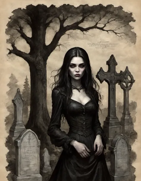 on parchment head and shoulders goth girl vampire fangs in a cemetery late afternoon tall trees and elaborate grave stones dark chiaroscuro