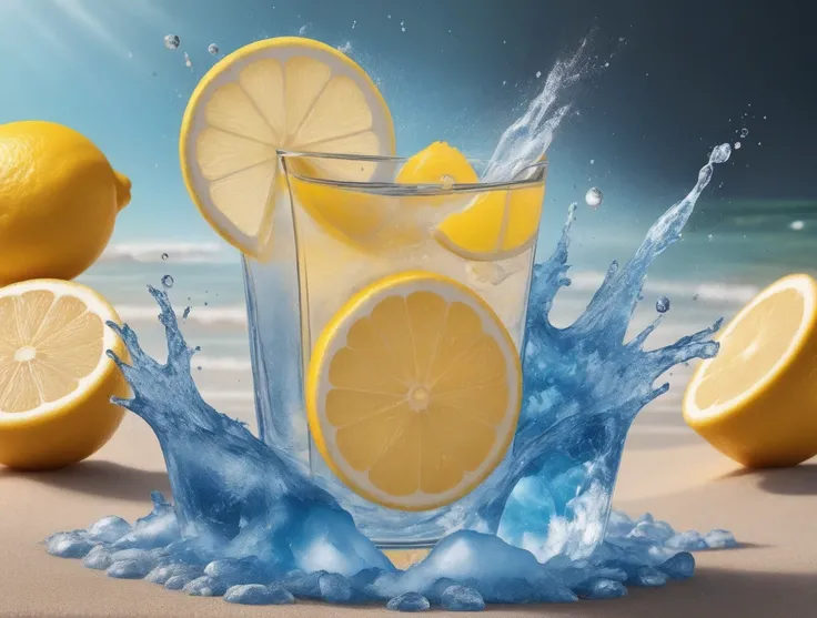 Cubist artwork <lora:wizard_v10.FFai.lora:1> 	ultra realistic digital abstract surreal  art colorful drink sitting on top of a sandy beach, no humans, food, fruit, food focus, cup, still life, blurry, drink, flower, blurry background, sky, ice cubes on the...
