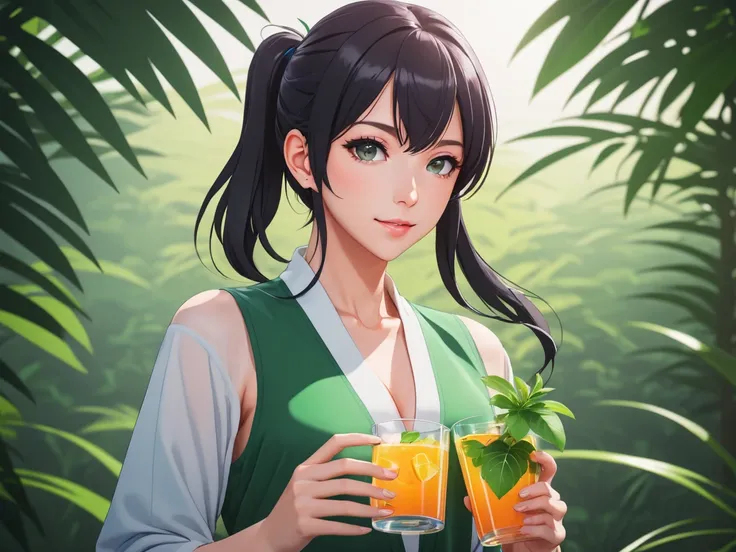 Flat papercut style <lora:stableDiffusionXL_v30.FFai.lora:1> (High quality Professional Photo:2) (Ultrarealistic:2),a glass pitcher with a plant inside of it, anime girl drinks energy drink, sprite art, anime visual of a cute girl, made with anime painter ...