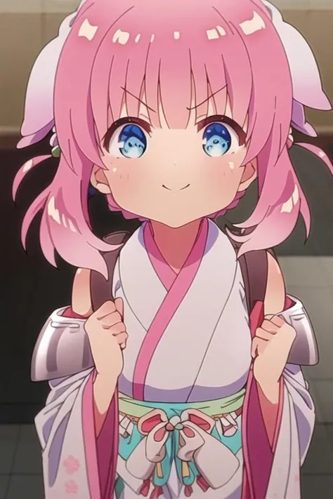 1girl, solo, looking at viewer, blush, smile, bangs, blue eyes, hair ornament, long sleeves, closed mouth, upper body, pink hair, detached sleeves, japanese clothes, kimono, v-shaped eyebrows, hands up, clenched hands, white kimono