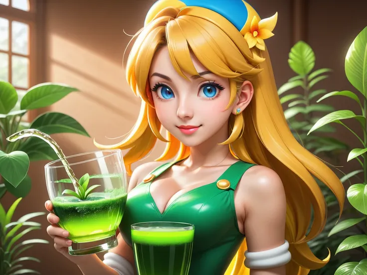 Super Mario style <lora:wyvernmix15XL_xlV11.FFai.lora:1> (High quality Professional Photo:2) (Ultrarealistic:2),a glass pitcher with a plant inside of it, anime girl drinks energy drink, sprite art, anime visual of a cute girl, made with anime painter stud...