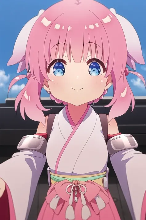 1girl, solo, looking at viewer, blush, smile, short hair, bangs, blue eyes, hair ornament, closed mouth, upper body, pink hair, detached sleeves, japanese clothes, kimono, pov, outstretched arms, hair rings, dot nose, split mouth