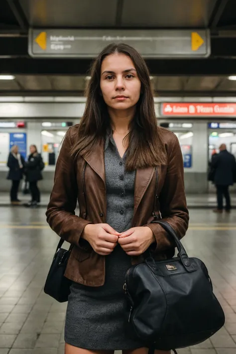 medium shot of a woman traveller ready for the journey waiting on the train station, detailed sharp, flash photo