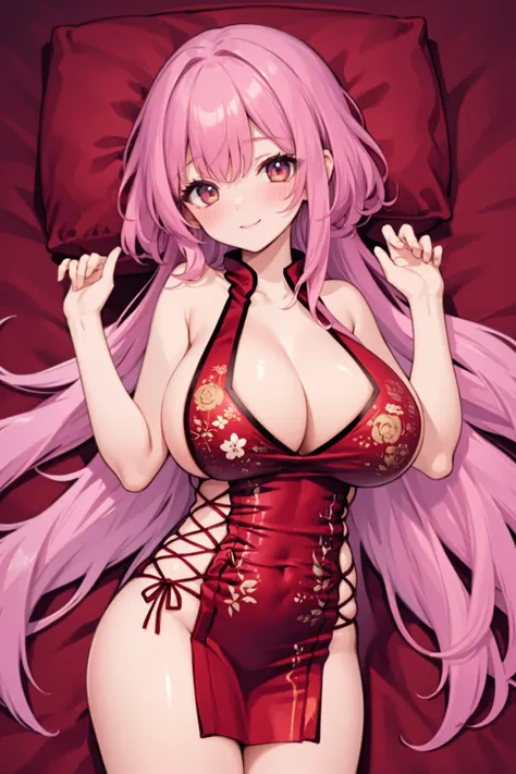 1girl,solo, huge breasts, 
pink hair, very long hair, straight hair, 
china dress, 
,  <lora:LaGaVerSidelessChinaDress:1>,,short dress, 
lying, on back, dakimakura (medium), bare legs, blush, smile,