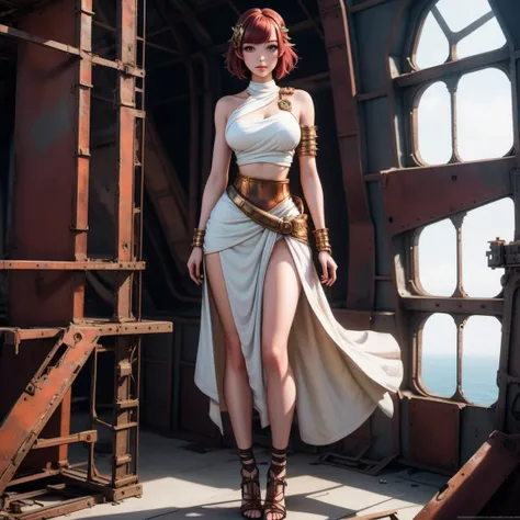fullbody  image of a girl wearing a fantasy_ toga,<lora:fantasy_toga_sdxl_v1.3:1>,derelict airship, torn canvas, rusted frame, remnants of a bygone era , Iulian from Romania, short spiky hairstyle [maroon:.4] hair
