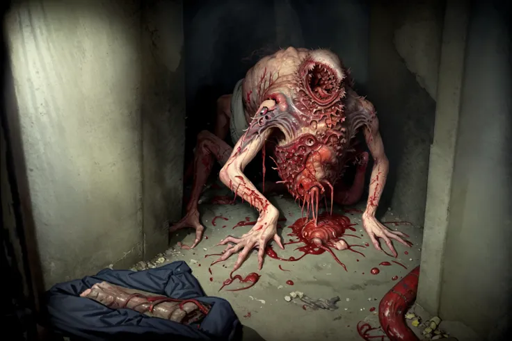 reelhorror, <lora:Reel_WHorror_Rework_v1_2:1> 1girl, humanoid, dismembered body, spider legs, looking at viewer, short hair, lying, pants, bag, blood, tentacles, monster, injury, blood on face, realistic, death, corpse, messy, interior, trash, pov scene, ...