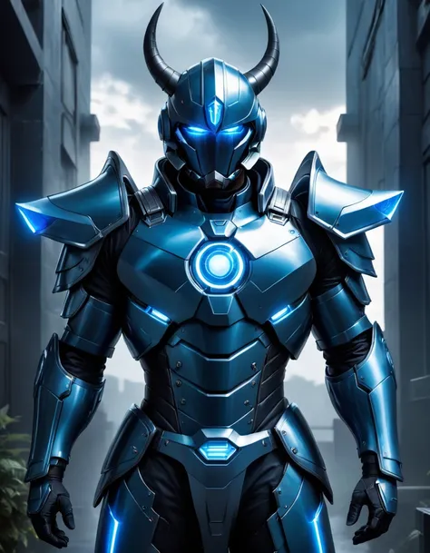 professional 3d model <lora:FF.66.hassakuSfwNsfwAlphav_alphaV02.lora:1> a blue and blue armored man standing in front of a dark building, clothed in ethereal battle armor, clothed in sci-fi military armor, glowing lights in armor, wearing futuristic armor,...