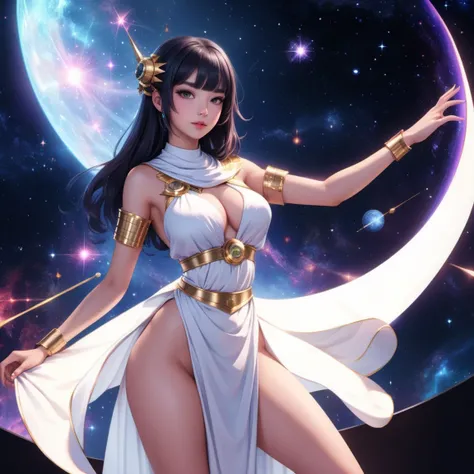 fullbody  image of a girl wearing a fantasy_ toga,<lora:fantasy_toga_sdxl_v1.3:1>,shattered observatory, broken telescopes, scattered stardust, lost cosmic knowledge , Ceren from Turkey, medium (shoulder-length:1.2) bangs [violet-black:.3] hair