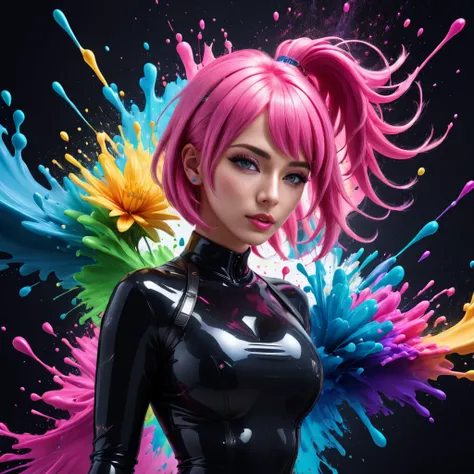 Techwear fashion <lora:zavychromaxl_b2.FFai.lora:1> a digital painting of a woman with pink hair, 1girl, solo, blonde hair, pink hair, upper body, breasts, multicolored hair, looking at viewer, blue eyes, medium breasts, lips, realistic, makeup a close up ...