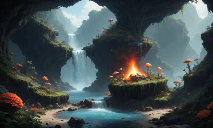 Nautical-themed <lora:FF.67.galaxytimemachinesGTM_xlplusV10.lora:1> a screenshot of a cave with a waterfall and a small waterfall, beautiful detailed pixel art, dan mumford. maya render, ultra detailed game art, detailed pixel artwork, el bosco and dan mum...