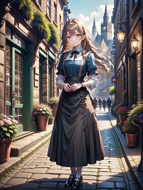 1girl,victorian uniform waist apron high-heeled shoes,light brown hair,very long hair,asymmetrical hair, ringlets hair, blunt bangs bangs,ancient Edinburgh city daytime,