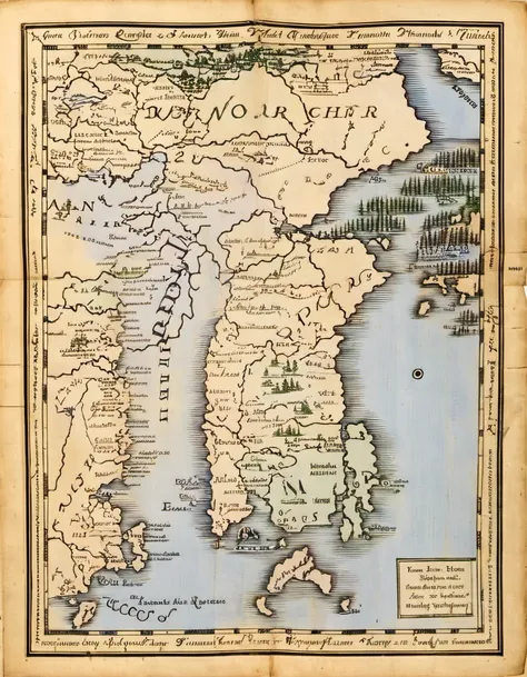 on parchment top-down view map with elaborate annotated roads and rivers pictographic depictions of forests and mountains and water and cities latitude and longitude lines